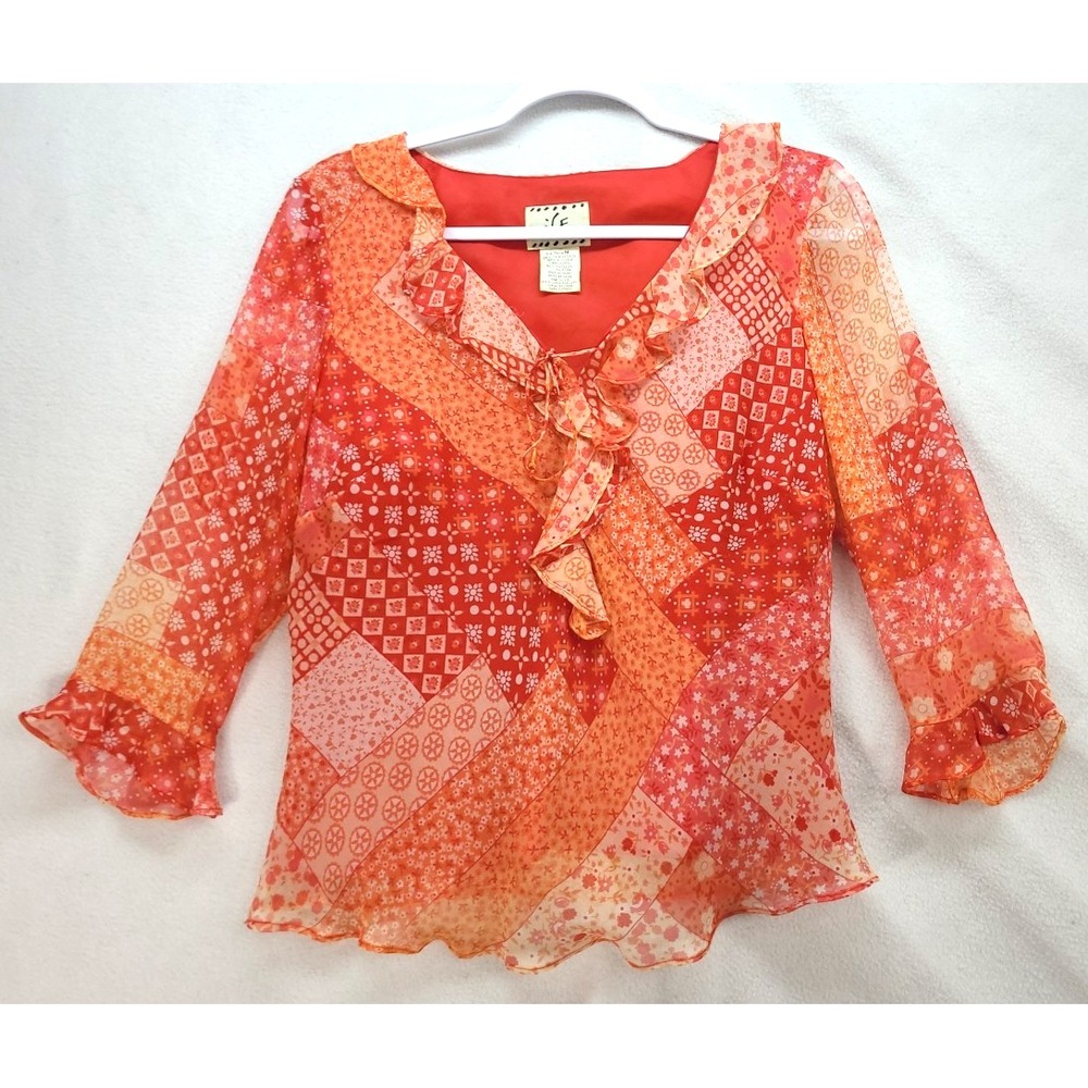 Vintage Y2K Patchwork Boho Hippie Top Sheer Lined Sz Med Whimisical 100%‎ Silk